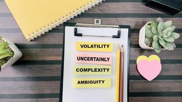 Concept of VUCA - Volatility Uncertainly Complexity Ambiguity write on sticky notes isolated on Wooden Table. photo