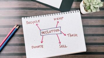 Concept of Declutter write on book with keywords isolated on Wooden Table. photo