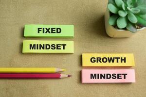Concept of Fixed Mindset or Growth Mindset write on sticky notes isolated on Wooden Table. photo