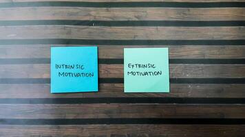 Concept of Intrinsic Motivation or Extrinsic Motivation write on sticky notes isolated on Wooden Table. photo