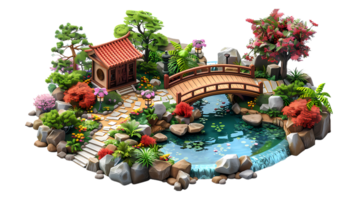 isometric style an asian garden with a bridge and a pond png
