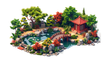 isometric style an asian garden with a bridge and a pond png