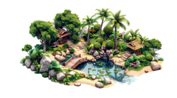 an island with a pond, trees and a bridge, isometric style png
