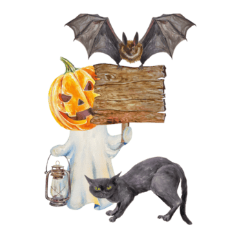 un fantasma en un sábana con un cabeza en el forma de un calabaza, con un de madera firmar, un murciélago, un negro gato. acuarela ilustración para Víspera de Todos los Santos, día de el muerto. postales, invitaciones png
