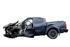 Car crash, Side view of new black pickup car get damaged by accident on the road. damaged cars after collision. isolated on transparent background, car crash bumper, File png
