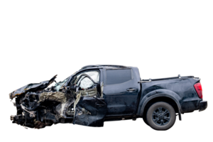 Car crash, Side view of new black pickup car get damaged by accident on the road. damaged cars after collision. isolated on transparent background, car crash bumper, File png