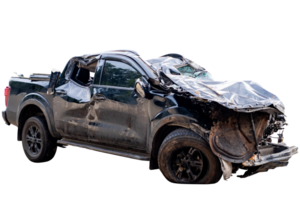 Car crash, Front and Side view of new black pickup car get damaged by accident on the road. damaged cars after collision. isolated on transparent background, car crash bumper, File png