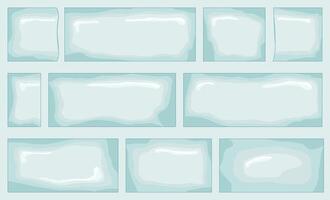 Blue glass plates set. Overly cartoon texture. Glossy empty rectangular frame border with glares and light. Retro style TV screen vector