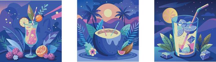 Collection of three paintings depicting tropical drinks in glasses and in coconut with straw and ice, blue sky, fruits and flowers in the background vector