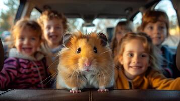 a hamster is sitting in the back seat of a car with children photo