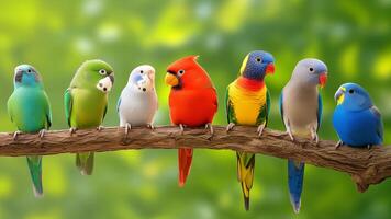 many colorful birds sitting on a branch photo