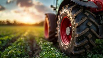 a tractor is parked in a field with the sun setting photo