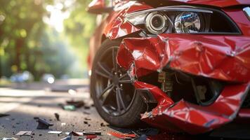 a red car is damaged after a collision photo