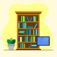 Library illustration of bookshelves with a tablet and a plant, for reading, education, and knowledge. vector