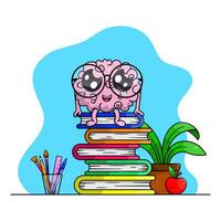 Adorable cartoon brain character with eyeglasses sitting on a stack of colorful books for reading. A pile of textbooks with a plant, an apple, and a cup of pencils and brushes. vector