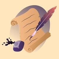 Ink with feather and roll of parchment. Illustration of writing Symbol of poetry and literature. Inkwell with an ancient scroll of paper. vector
