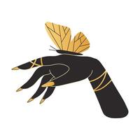 Witch's hand with long nails. Butterfly sits on woman's hand. element on white background in boho mysticism style vector