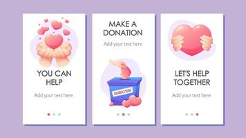 Donation Poster Set. template for mobile app, banners. Hands with hearts, donation box. You can help, make a donation, let's help together vector