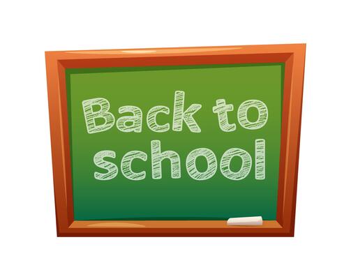 Green school board in wooden frame with chalk text Back to school. element on white background