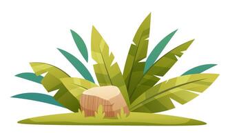 Tropical bush, jungle foliage with rock. cartoon element on white background vector