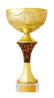 A Gold trophy cup with gilded nameplate on the base, isolated on a white background photo