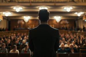 A man giving a presentation to a large audience in an indoor setting photo