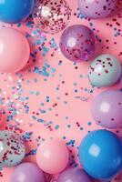 Colorful balloons and confetti on a pink vertical background, copy space photo