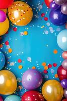 Colorful balloons and confetti on a blue vertical background, copy space photo