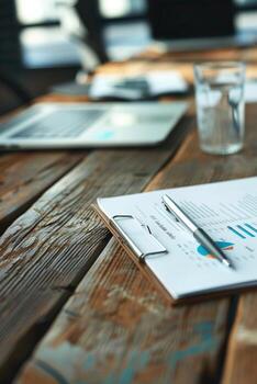 A close-up view of a clipboard with financial charts and a pen on a wooden table photo