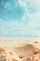 Beach sand with starfish and seashells under a blue sky. Summer vertical background. photo