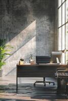 Modern office desk with large window and natural light photo