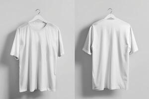 White t-shirt mockup on hanger, front and back view photo
