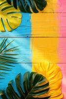 Tropical leaves arranged on brightly colored wooden vertical background, copy space photo