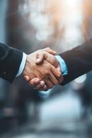 Business people shaking hands near office building, close up vertical view photo