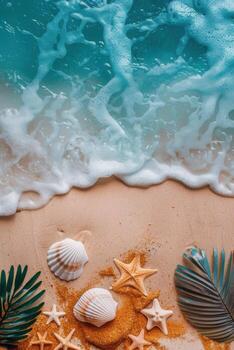 Foamy ocean waves crashing on a sandy beach with seashells and starfish photo