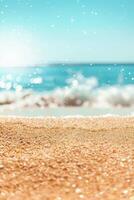 Close up view of sandy beach with blue ocean and white waves. Vertical background. photo