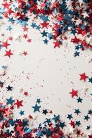 Festive red, white, and blue star confetti scattered on white background, copy space photo