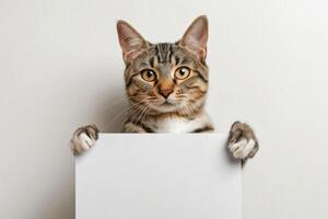 Tabby cat peeking over white blank sign with curious expression. photo