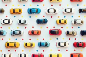 Seamless pattern of colorful toy cars arranged on a white surface with confetti photo