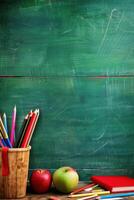 Green chalkboard with pencils, apples and red notebook. Back to school background. photo