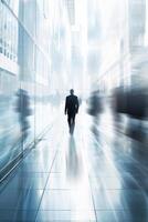 Man walking through modern city with blured glass buildings. photo