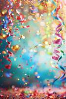 Colorful confetti and streamers falling on blue vertical festive background. photo