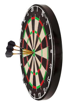 Side view on professional sisal dartboard with three gilded darts in center bullseye, isolate on a white background photo