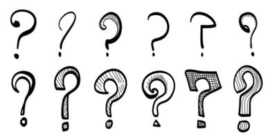 Set of hand drawn question marks. doodle questions marks. isolated on black and white. vector