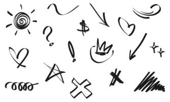 Hand drawn set of doodle emphasis design elements. Crown, arrow, curly swishes, exclamation, star. used for infographic concept design vector