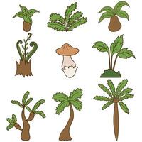 Plants of the dinosaur period. Trees and mushroom on set of illustration . vector