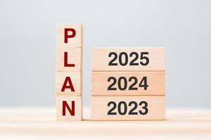 hand pulling 2025 block over 2024 and 2023 wooden building on table background. Business planning, Risk Management, Resolution, strategy, solution, goal, New Year New You and happy holiday concepts photo