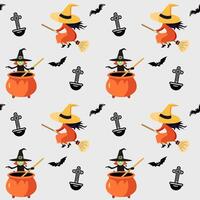 Halloween pattern with witch. Orange witch flying on broom and brews a potion. Halloween background, seamless pattern. vector