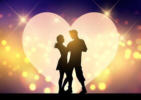 Silhouette of a couple on a bokeh lights background with heart vector
