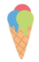 Ice cream in waffle cone with colorful three scoops. Summer time sweet food. flat illustration. vector